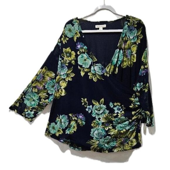 COLDWATER CREEK NAVY FLORAL SURPLUS RUCHED LINED LONG SLEEVE TOP BLOUSE  3X - Picture 1 of 5